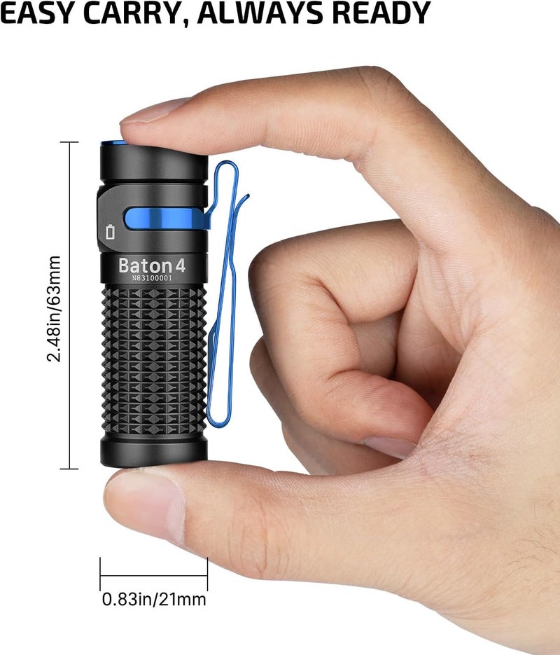 OLIGHT Baton4 Rechargeable EDC Flashlight, Bright LED Flashlight 1300 Lumens with Charging Cable, IPX8 Waterproof, 6 Adjustable Modes Handheld Light for Home, Camping, and Emergencies (Black) - Image 3